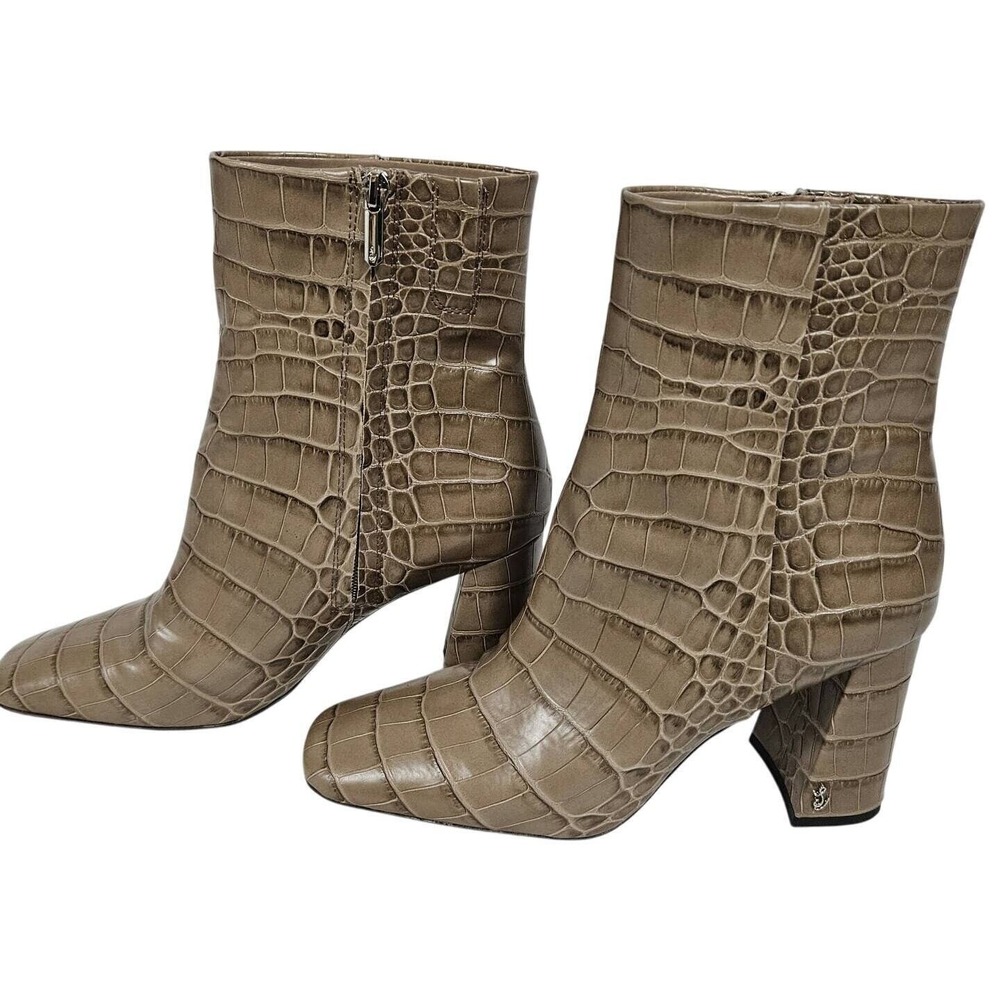 Sam Edelman Codie Ankle Boot Women 11 Taupe Grey Croc Embossed Block Heel Bootie - Picture 2 of 10